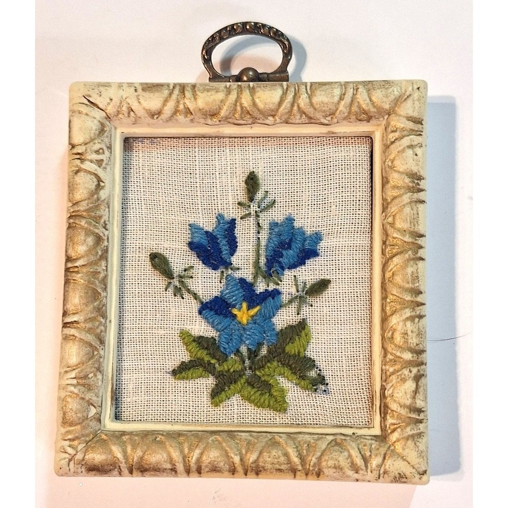 Vintage Miniature Hand Embroidered Blue Floral Wall Art Ornate Cream Frame 4x3.5